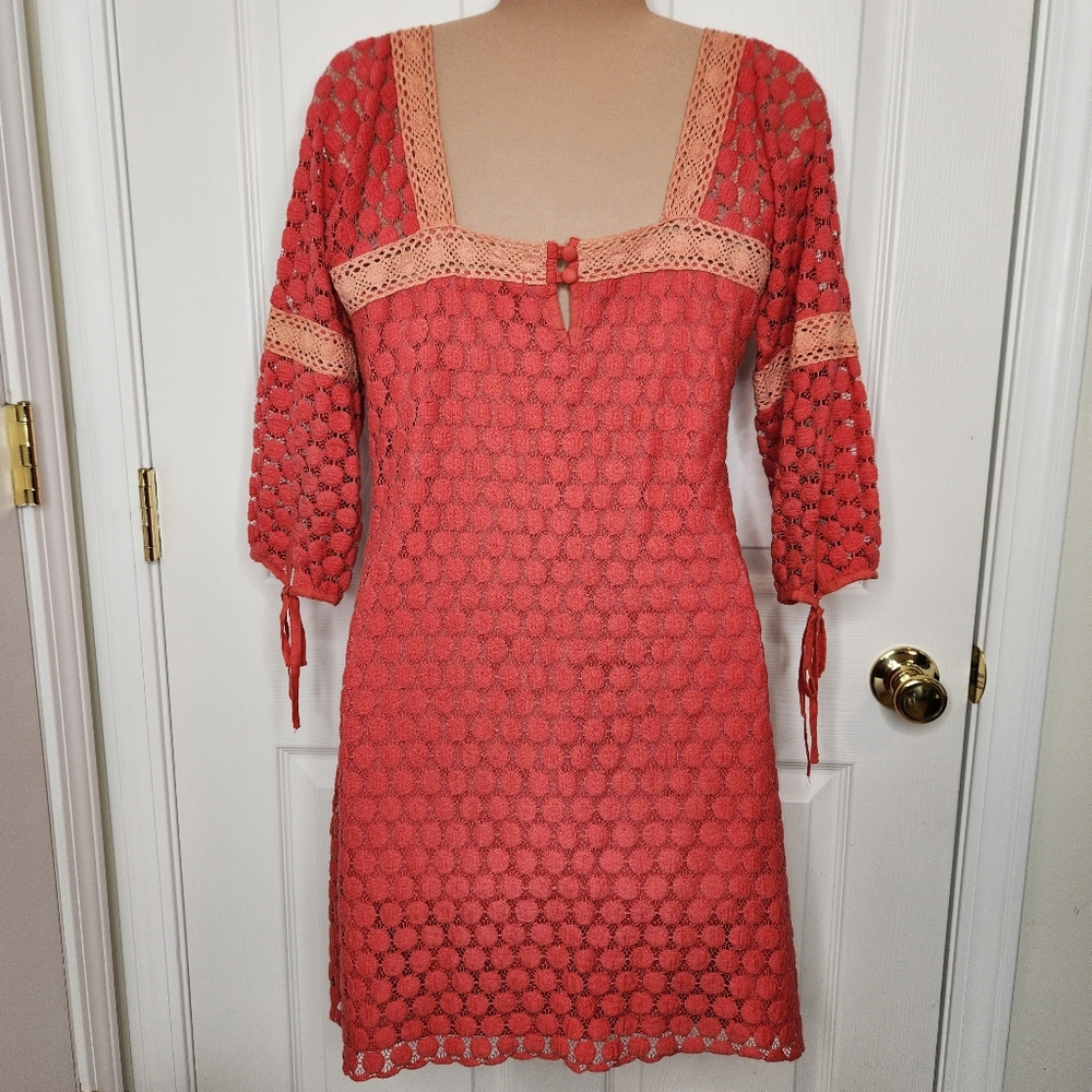 Solitaire Dress Mini Crochet Lace Retro Boho Chic Orange Pink Peach Size Small - Picture 4 of 10